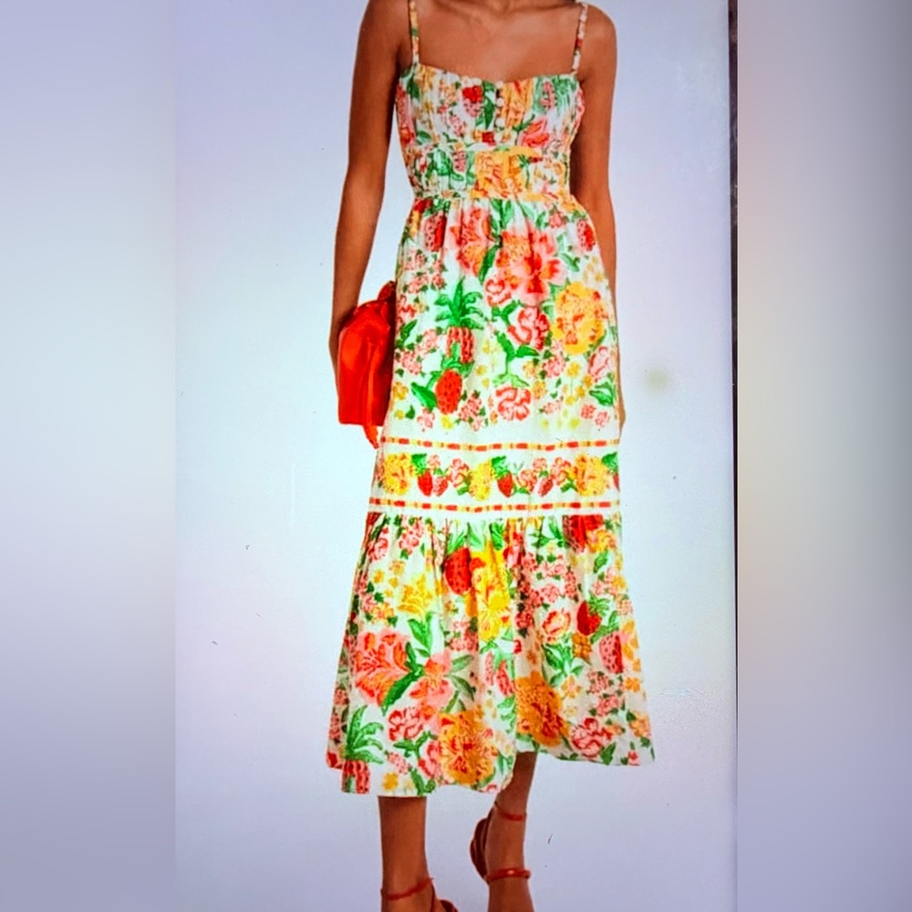 NWT Authentic FARM RIO Fabulous Vibrant Floral Sketch Cotton Midi Dress SZ LARGE